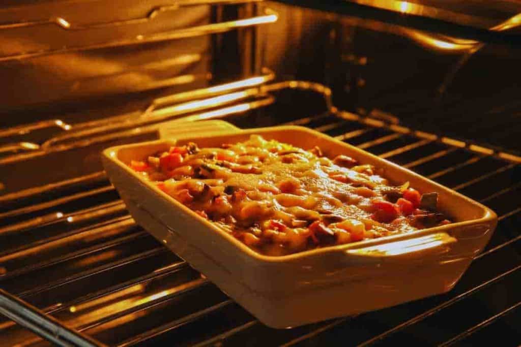 casserole dish in oven